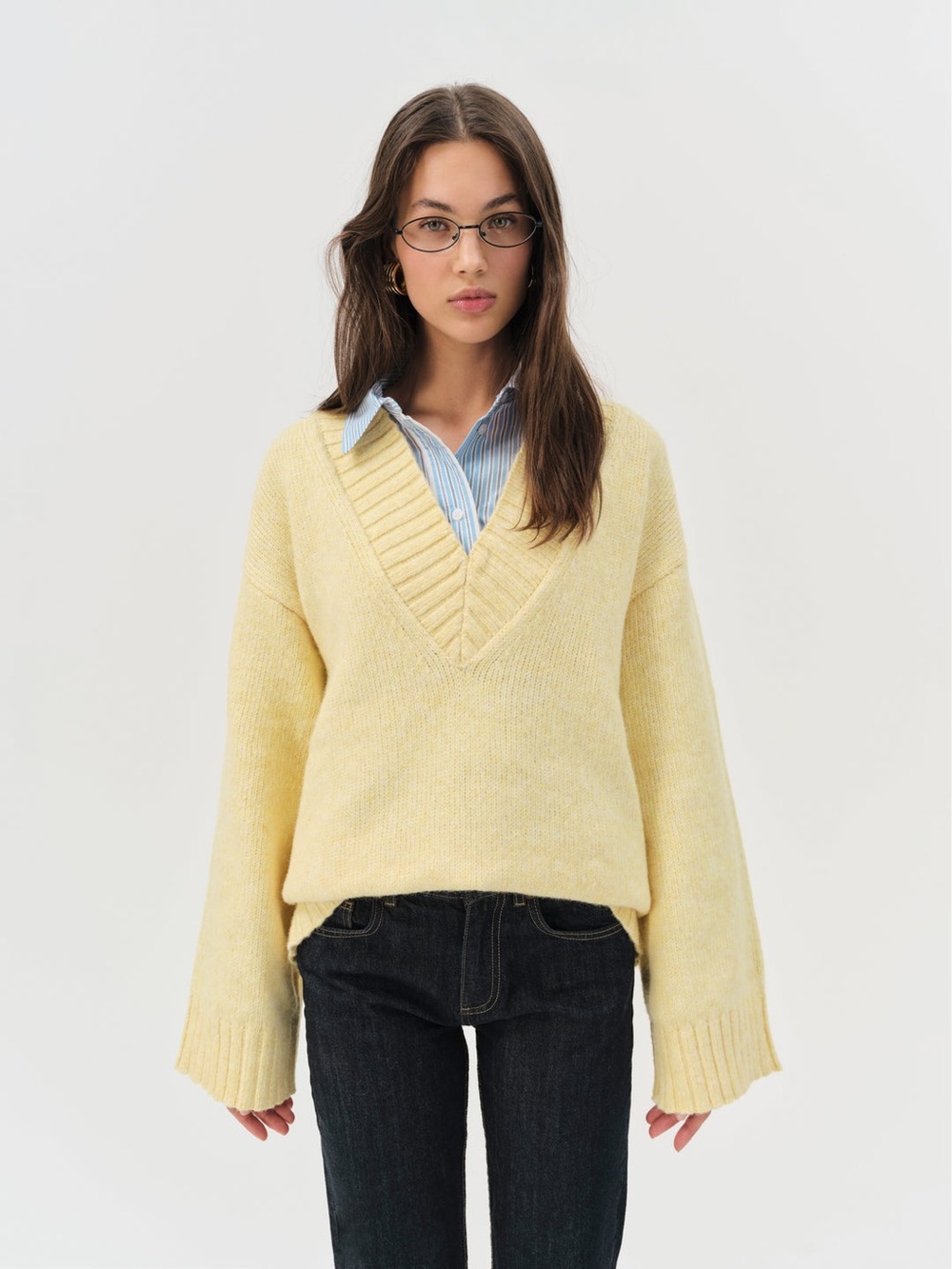 For Love & Lemons Pale Yellow “Amelia” V-Neck Knit oversized Sweater NWT